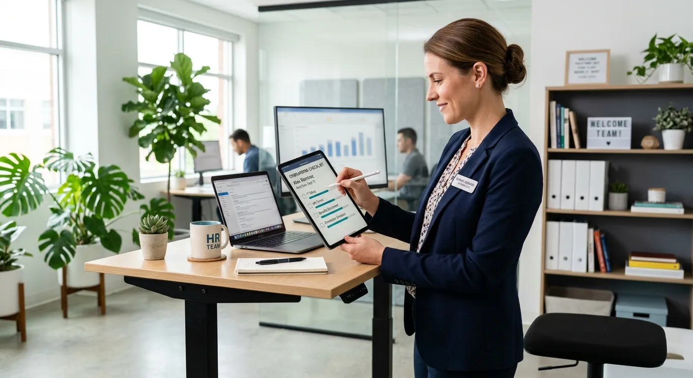 A modern, well-organized HR manager at a standing desk, reviewing a digital onboarding checklist on a tablet. The scene is bright and professional, with plants and clean office decor, conveying efficiency and modern hiring practices.