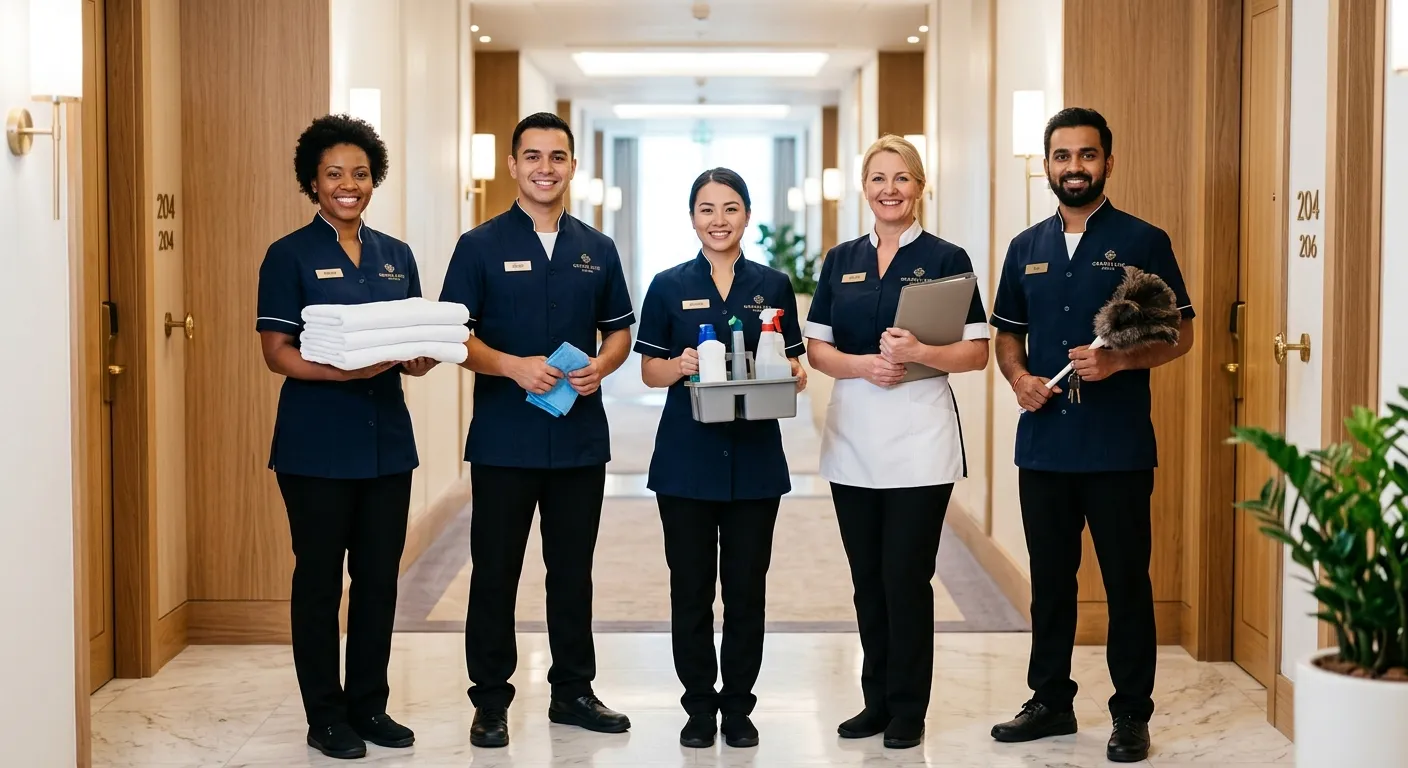 A professional, high-contrast photo of a diverse team of housekeeping staff in crisp uniforms, smili... A professional, high-contrast photo of a diverse team of housekeeping staff in crisp uniforms, smiling confidently. They are standing in a clean, modern hotel corridor or luxury apartment lobby. Style: Corporate, bright, and welcoming. Mood: Professional, reliable, and efficient.