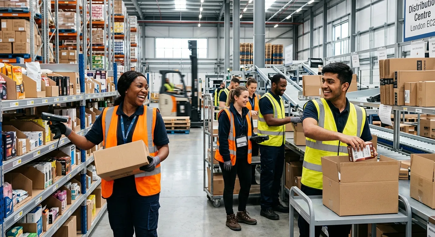 A professional, high-energy photograph of a diverse team of Warehouse Operatives and Picker Packers... A professional, high-energy photograph of a diverse team of Warehouse Operatives and Picker Packers in a modern, clean London EC2 distribution centre. They are smiling, wearing hi-vis vests, and actively engaged in picking items from shelves and packing orders. The mood is efficient, collaborative, and professional.