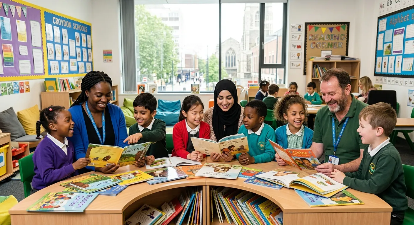 A diverse group of happy Teaching Assistants and primary school children engaged in a reading activity in a bright, modern Croydon classroom, smiling and collaborative.
