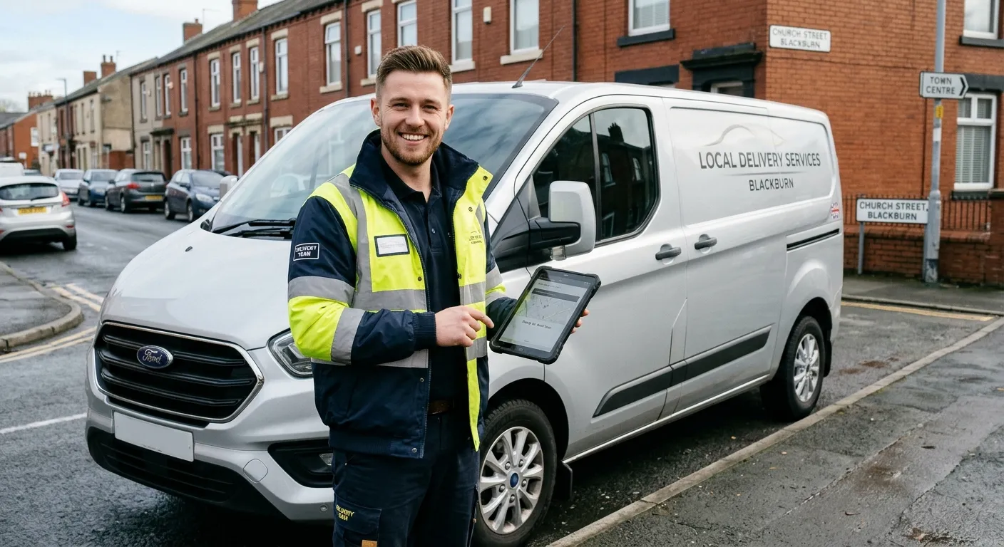 A professional, confident delivery driver in high-visibility clothing, smiling and holding a tablet... A professional, confident delivery driver in high-visibility clothing, smiling and holding a tablet next to a modern van on a street in Blackburn, representing a positive work environment and immediate start opportunity.