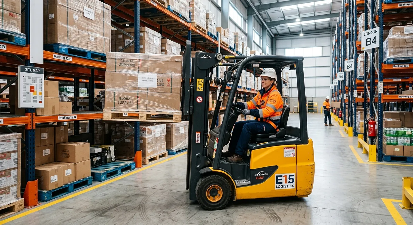 A professional warehouse environment in London E15, featuring a certified forklift driver in high-vi... A professional warehouse environment in London E15, featuring a certified forklift driver in high-visibility clothing safely operating a Counterbalance Forklift, stacking pallets in a well-organized, modern logistics facility. The image should convey safety, efficiency, and a positive work atmosphere.