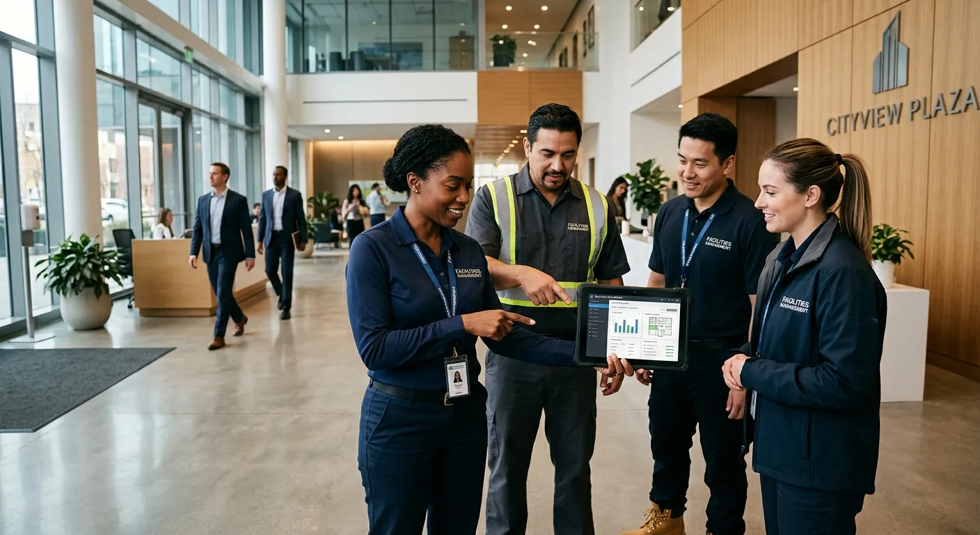 A diverse team of facilities management professionals in a modern building lobby, looking at a table... A diverse team of facilities management professionals in a modern building lobby, looking at a tablet, representing collaboration and efficiency. Corporate style, sharp focus.