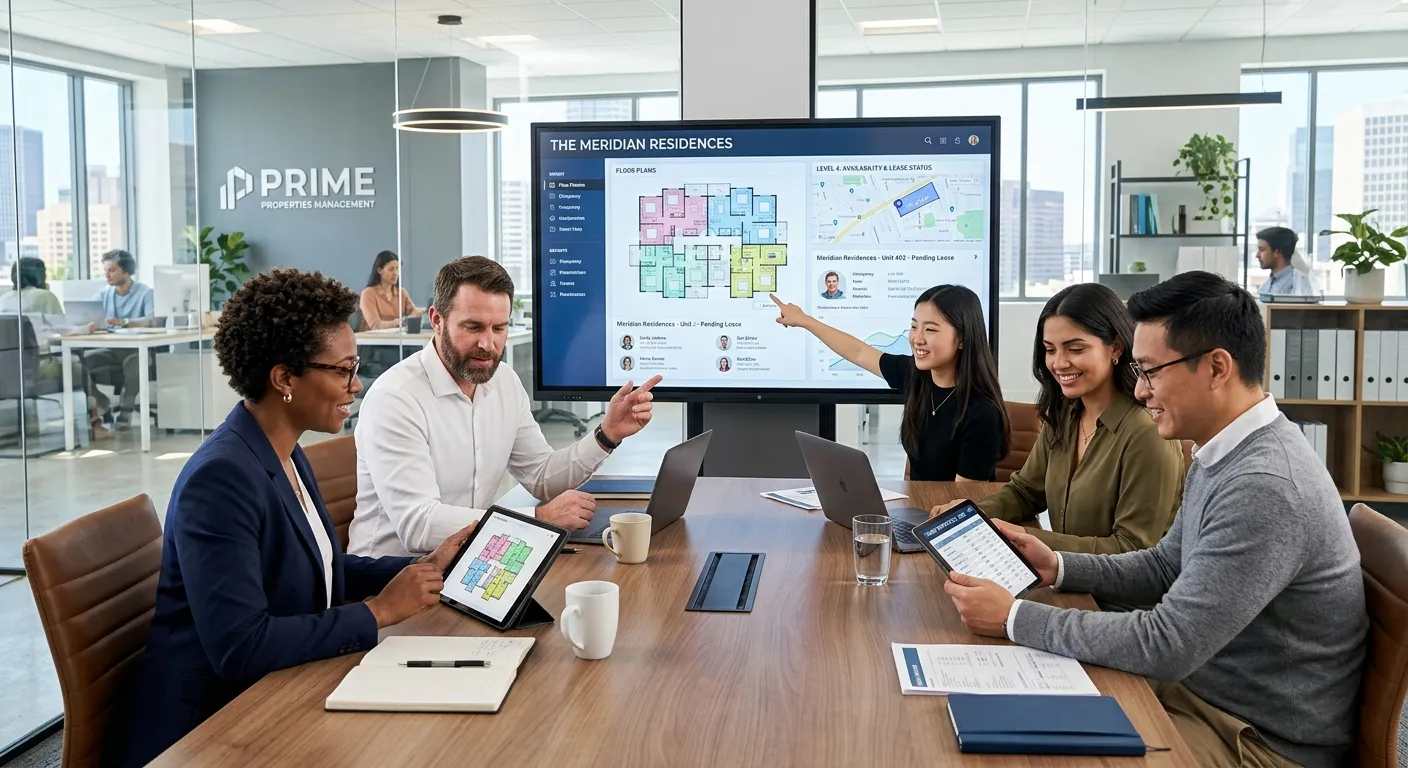 A modern, professional scene in a property management office. A diverse team of property managers an... A modern, professional scene in a property management office. A diverse team of property managers and coordinators collaborate over digital floor plans and tenant portfolios. Style: Corporate, bright, high-resolution. Mood: Efficient, collaborative, and technologically advanced.