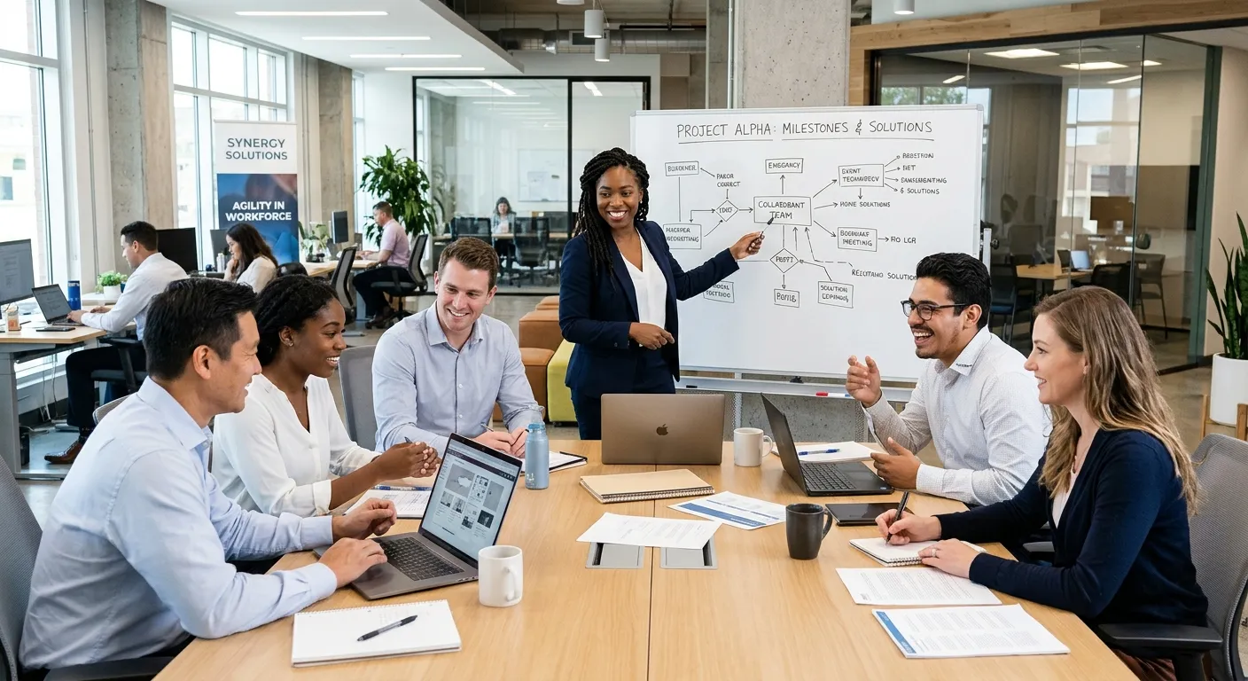 A diverse group of professional temporary workers in a modern office, looking engaged and collaborat... A diverse group of professional temporary workers in a modern office, looking engaged and collaborative. Style: Bright, professional corporate photography. Mood: Energetic, reliable, and solution-oriented.