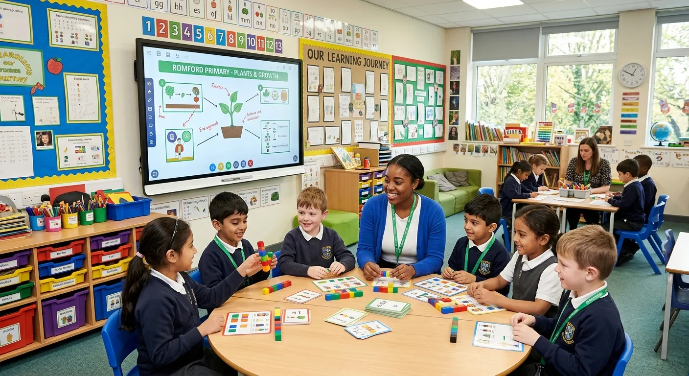 A modern, well-equipped primary school classroom in Romford, with bright resources, interactive whit... A modern, well-equipped primary school classroom in Romford, with bright resources, interactive whiteboard, and a diverse group of children engaged in a learning activity with a TA.
