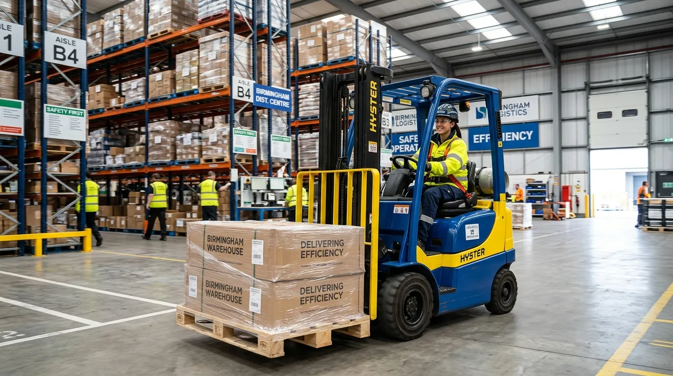 A professional, high-resolution hero image of a skilled forklift operator in a modern, busy warehous... A professional, high-resolution hero image of a skilled forklift operator in a modern, busy warehouse in Birmingham, safely moving pallets. The image should convey efficiency, safety, and a positive work environment.