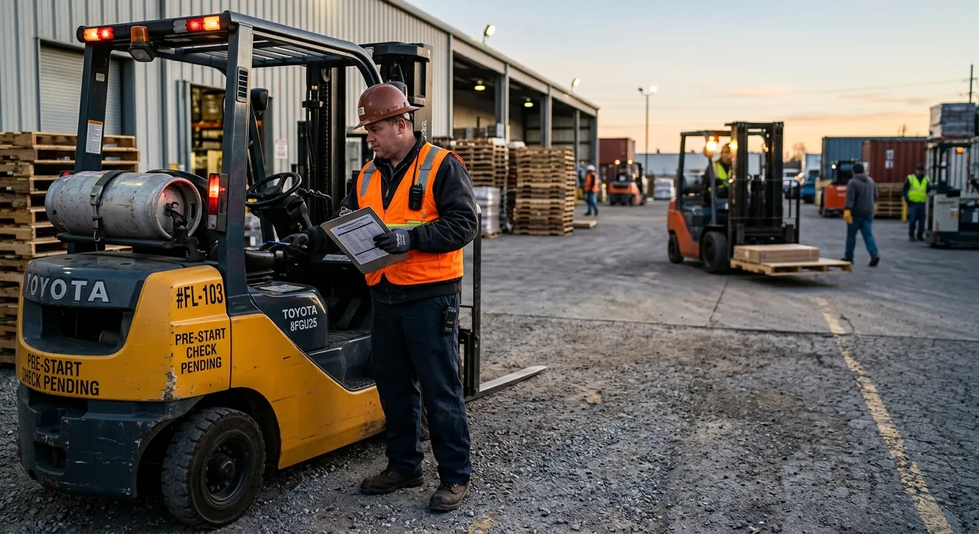 A focused forklift driver performing a pre-start check, clipboard in hand, in a busy yard at dawn A focused forklift driver performing a pre-start check, clipboard in hand, in a busy yard at dawn