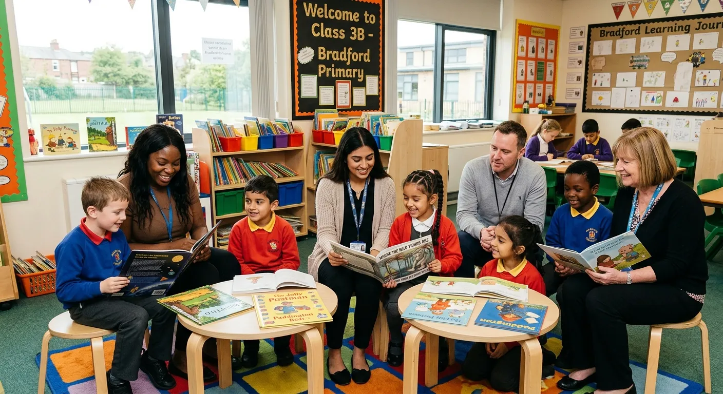 A diverse group of friendly Teaching Assistants and primary school children engaged in a reading act... A diverse group of friendly Teaching Assistants and primary school children engaged in a reading activity in a bright, modern classroom in Bradford. The atmosphere is supportive, professional, and educational.