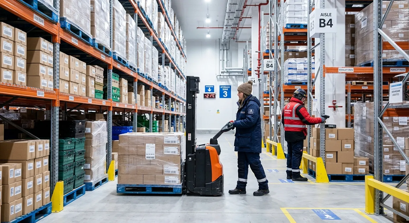 A professional photo of a modern, organized cold storage warehouse in Birmingham, showing workers in... A professional photo of a modern, organized cold storage warehouse in Birmingham, showing workers in appropriate thermal gear operating machinery in a clean, well-lit aisle