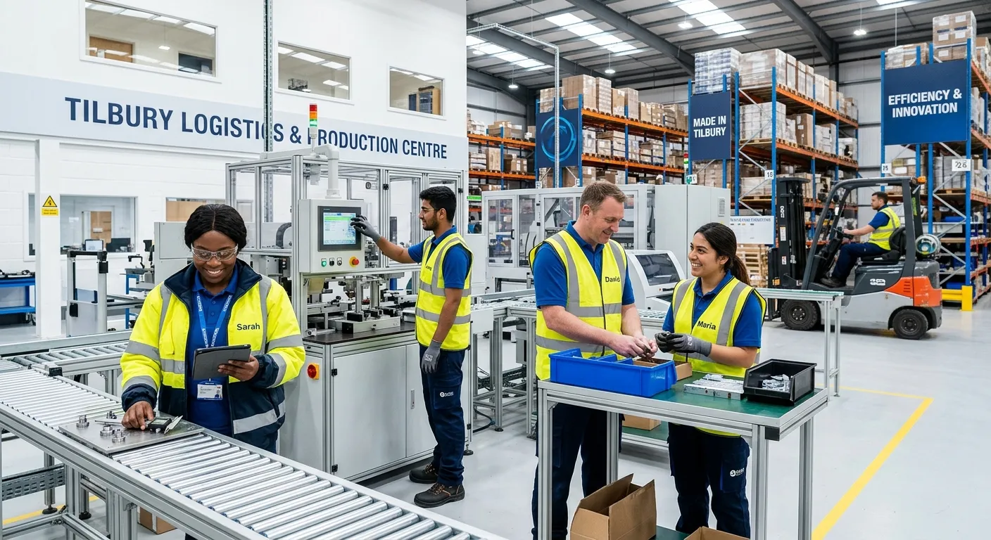 A dynamic, professional hero image showing a diverse team of Production Operatives in a modern, clea... A dynamic, professional hero image showing a diverse team of Production Operatives in a modern, clean warehouse or light industrial unit in Tilbury. They are engaged in quality checking, operating machinery, and teamwork. Style: Bright, optimistic, high-resolution professional photography conveying efficiency and opportunity.