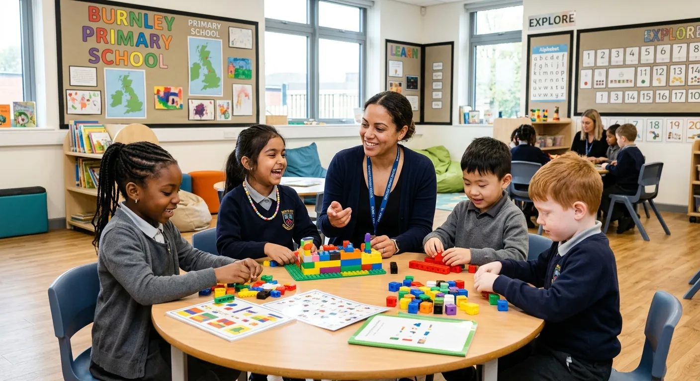 A friendly, diverse group of primary school children engaged in a learning activity with a Teaching Assistant in a bright, modern Burnley classroom.
