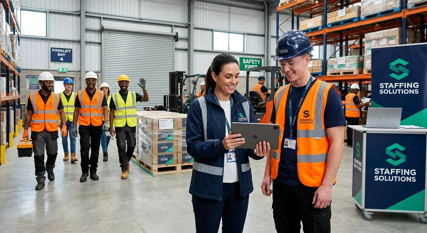 A modern UK warehouse and construction site scene showing a professional temp agency coordinator rev... A modern UK warehouse and construction site scene showing a professional temp agency coordinator reviewing a digital staffing schedule, with confident workers wearing high-visibility vests, clean corporate lighting, bright emerald green and navy blue accents, realistic business photography, welcoming and efficient mood