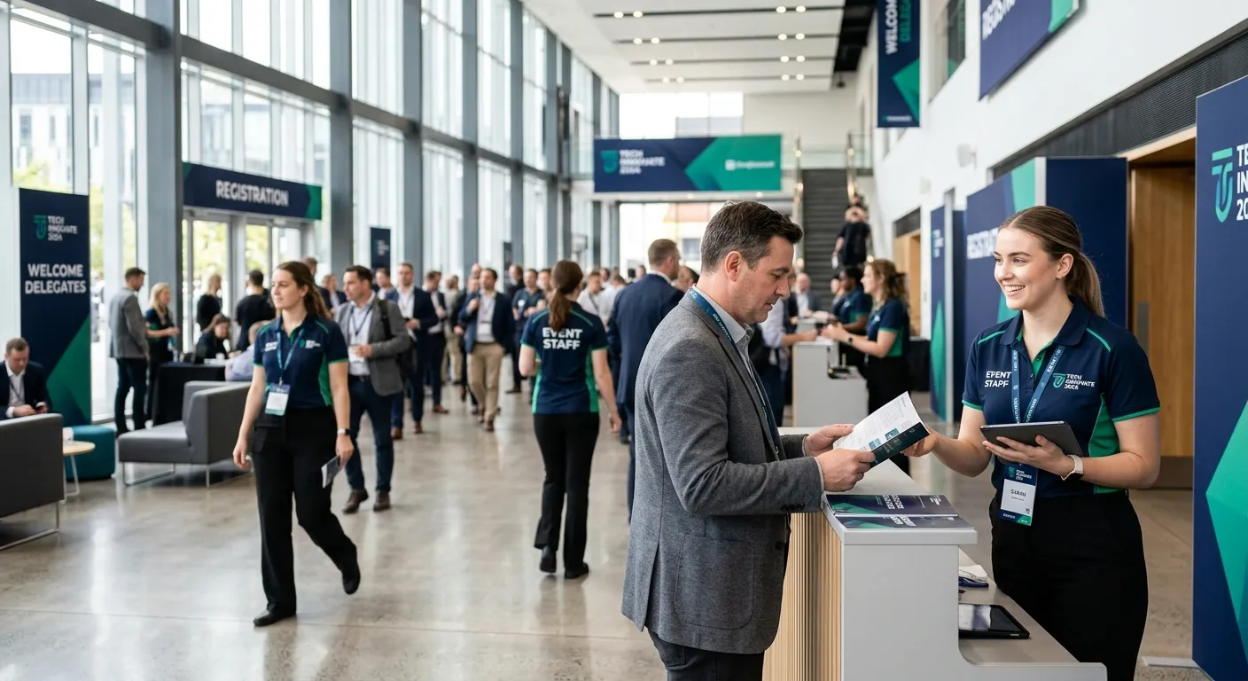 Modern conference hall with event staff in branded uniforms assisting delegates, bright lighting, pr... Modern conference hall with event staff in branded uniforms assisting delegates, bright lighting, professional corporate mood, shallow depth of field, high-contrast navy and emerald accents