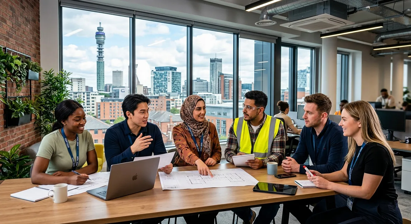 A dynamic, professional hero image showing a diverse team of temporary workers collaborating in a modern Birmingham office or industrial setting, with iconic Birmingham skyline visible through windows. Style: High-contrast, vibrant, professional.
