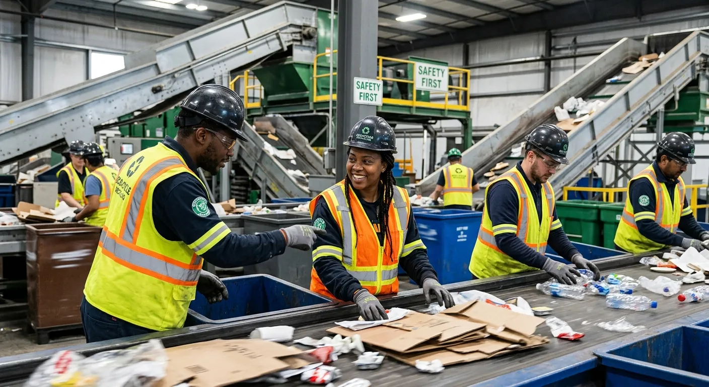 A professional, high-energy shot of a diverse team of waste management operatives in high-visibility vests, working efficiently in a modern recycling facility. Style: Corporate, authentic, with a focus on teamwork and safety gear.