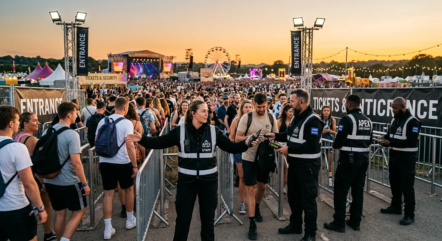 A professional event security team managing a large outdoor festival entrance at golden hour, wearin... A professional event security team managing a large outdoor festival entrance at golden hour, wearing high-visibility uniforms, coordinating crowd flow, with modern lighting, confident body language, and a cinematic corporate documentary style