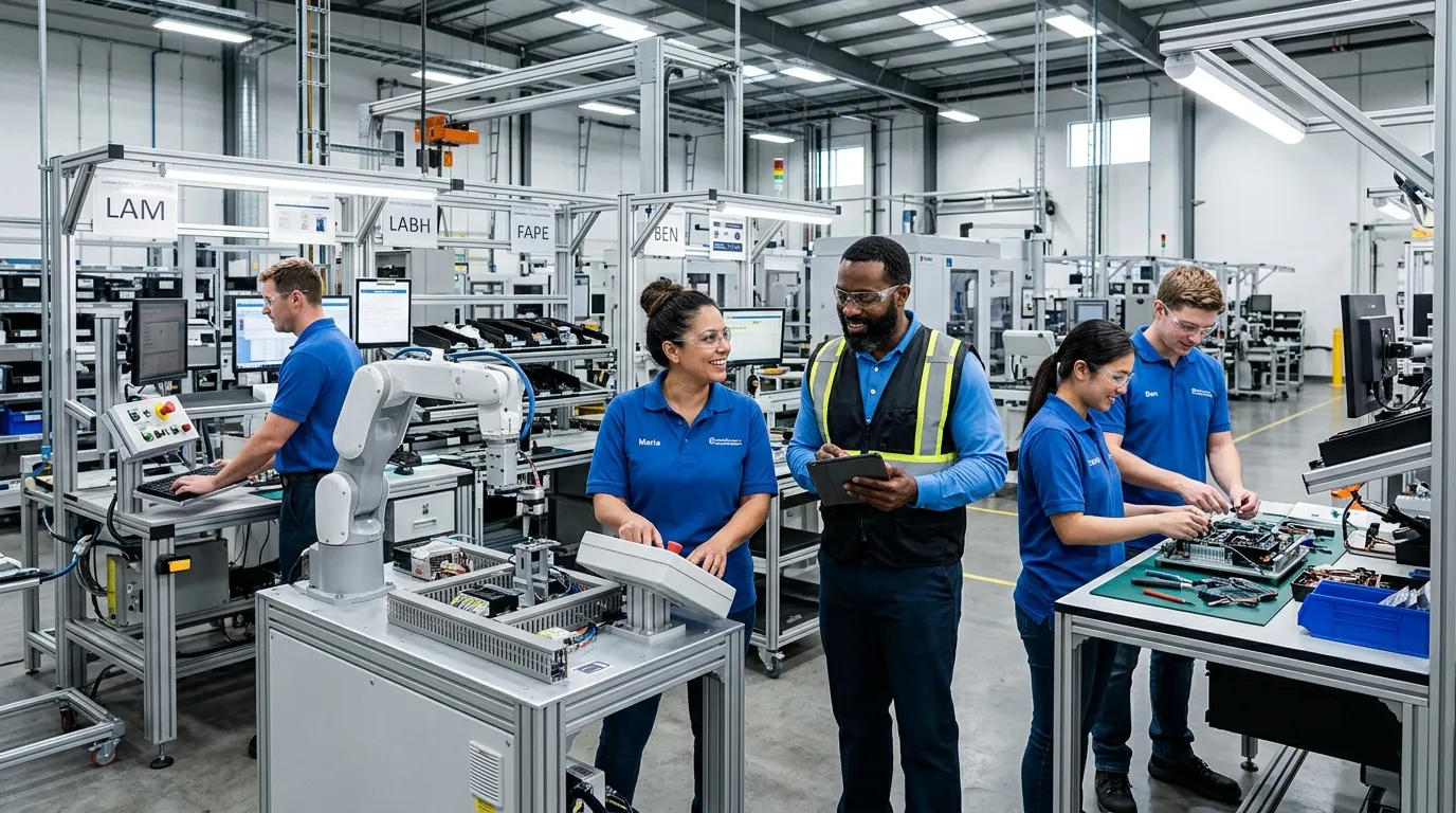 A dynamic, high-resolution hero image showing a diverse team of production operatives in a modern, c... A dynamic, high-resolution hero image showing a diverse team of production operatives in a modern, clean warehouse or factory environment, collaborating efficiently. Focus on action, teamwork, and a professional, high-tech setting. Mood: professional, energetic, and reliable.