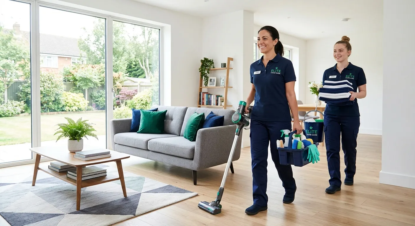 Professional housekeeping agency staff in a clean modern home, bright natural light, uniformed clean... Professional housekeeping agency staff in a clean modern home, bright natural light, uniformed cleaners carrying supplies, trustworthy corporate photography, emerald and navy accents