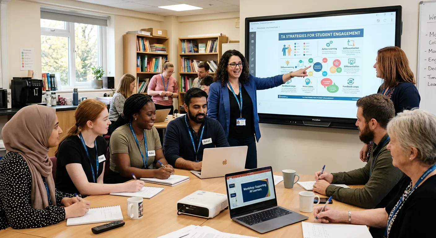A diverse group of Teaching Assistants in a modern school staff room, engaged in a training workshop... A diverse group of Teaching Assistants in a modern school staff room, engaged in a training workshop, looking at a laptop and sharing notes. One is pointing to a chart on an interactive whiteboard.
