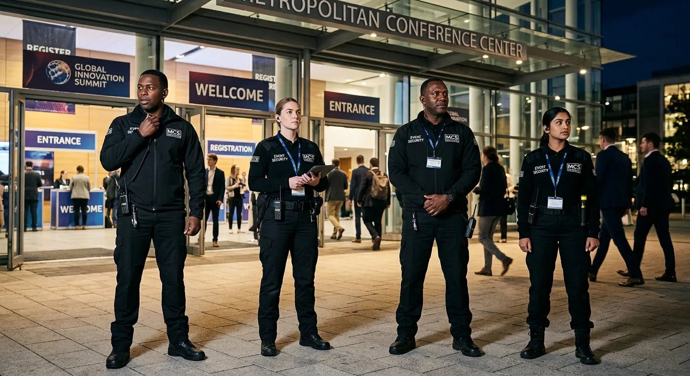 A professional, high-resolution image of a diverse team of event security personnel in uniform, stan... A professional, high-resolution image of a diverse team of event security personnel in uniform, standing confidently at the entrance of a large, well-lit conference venue. They are communicating via earpieces, projecting an aura of competence and vigilance. Style: Corporate, professional, high-contrast. Mood: Authoritative, safe, and reassuring.