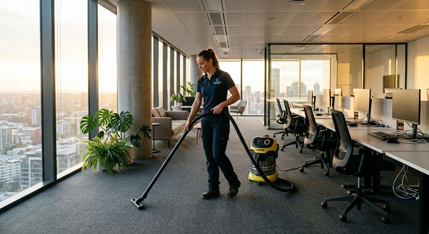 A professional cleaner in a branded polo shirt vacuuming a modern, open-plan office with large windows, early morning light streaming in.