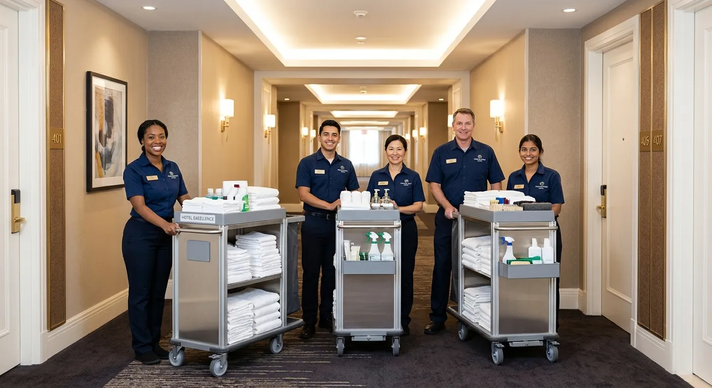 Professional hero image of a diverse team of housekeeping staff in crisp uniforms, smiling and equipped with cleaning carts, in a bright, clean hotel corridor. Style is modern, professional, and conveys reliability and excellence.
