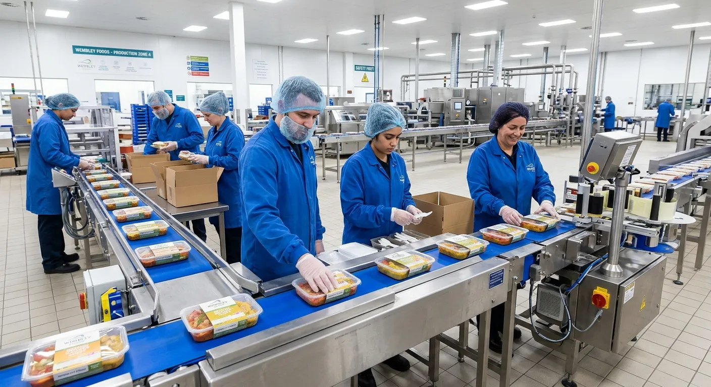 A modern, clean food production line in a Wembley factory, showing operatives in hygienic hairnets a... A modern, clean food production line in a Wembley factory, showing operatives in hygienic hairnets and coats working collaboratively on a packaging station.