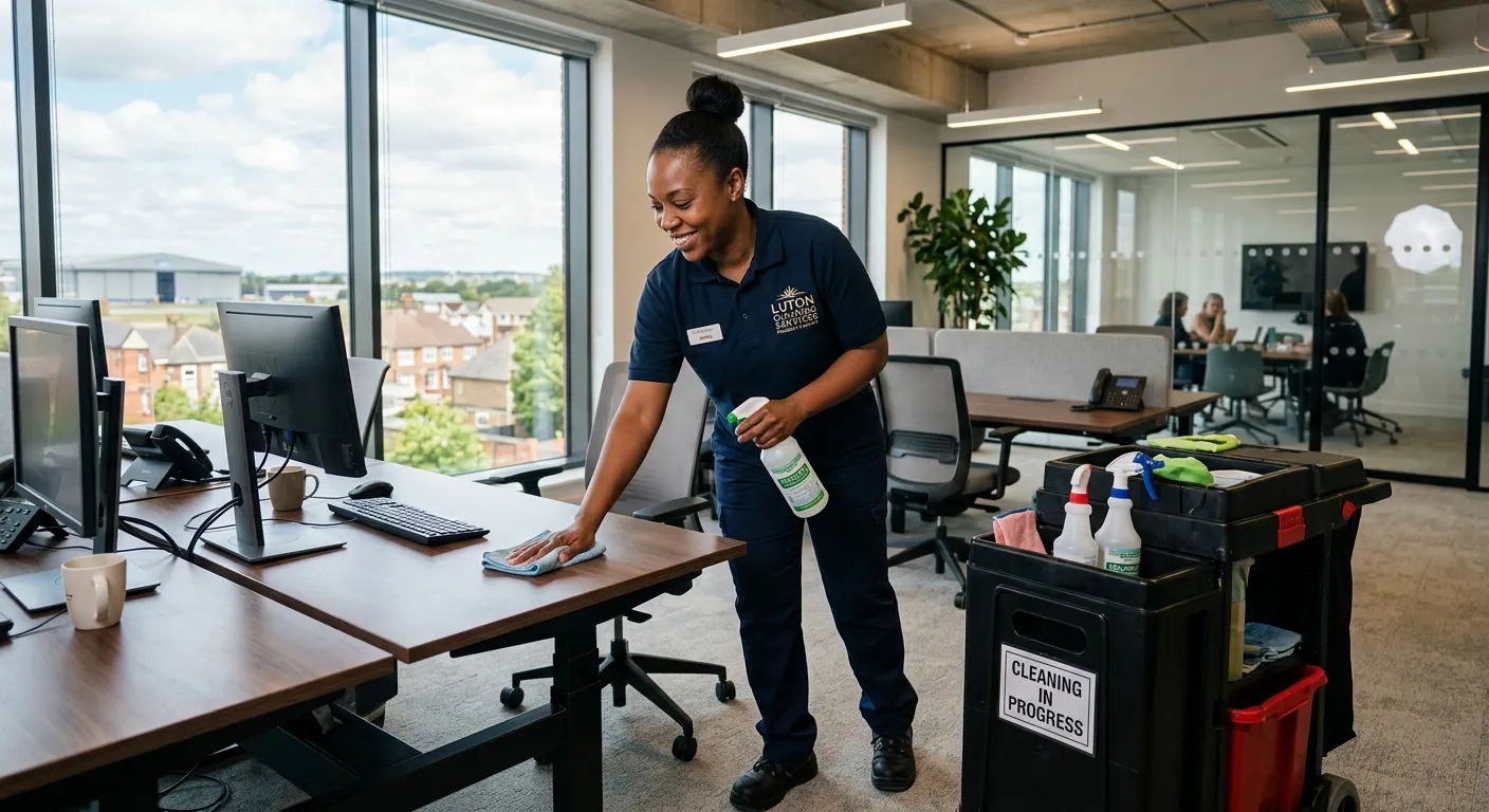 A professional, clean, and welcoming image of a Cleaner / Cleaning Operative in smart uniform, smili... A professional, clean, and welcoming image of a Cleaner / Cleaning Operative in smart uniform, smiling while sanitising surfaces in a modern Luton office environment, conveying professionalism and reliability.