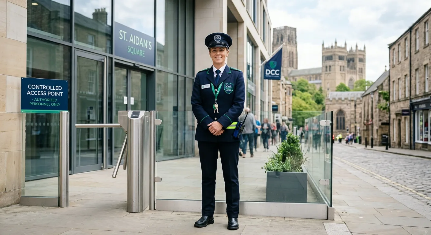 A confident uniformed security guard standing at a controlled access point in Durham city centre, mo... A confident uniformed security guard standing at a controlled access point in Durham city centre, modern corporate style, calm professional mood, soft daylight, navy and emerald accents