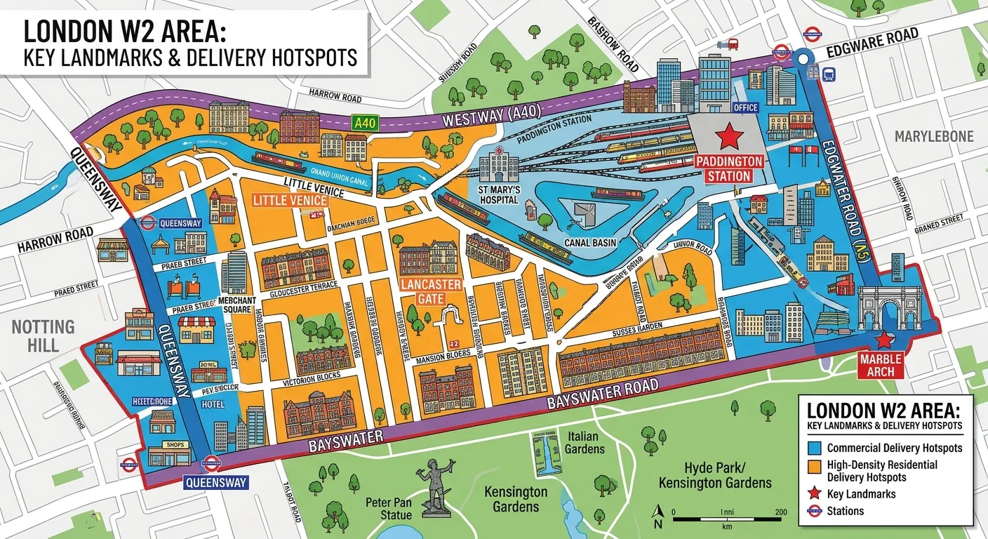 A detailed map infographic of the London W2 area, highlighting key landmarks like Paddington Station... A detailed map infographic of the London W2 area, highlighting key landmarks like Paddington Station, major roads like Edgware Road and Westway, and color-coded zones showing commercial (blue) and high-density residential (orange) delivery hotspots.