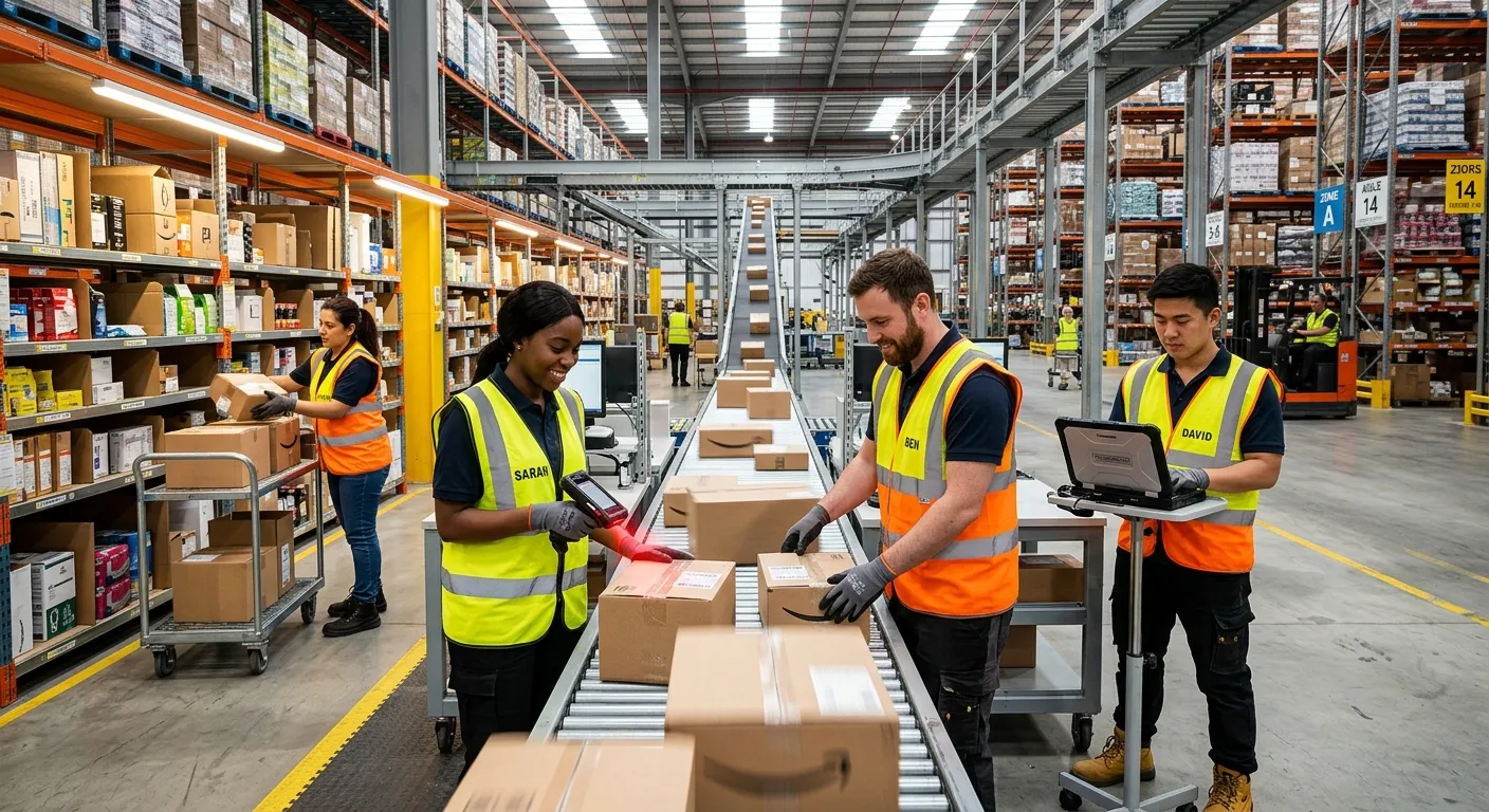 A dynamic, high-energy shot of a modern, efficient distribution centre. Focus on a diverse team of w... A dynamic, high-energy shot of a modern, efficient distribution centre. Focus on a diverse team of warehouse operatives in high-visibility vests working collaboratively with technology, such as handheld scanners and automated conveyors, against a backdrop of organized shelves. Style: Professional, vibrant, and action-oriented.
