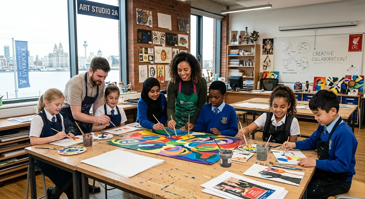 A diverse group of Teaching Assistants and students engaged in a collaborative art activity in a bri... A diverse group of Teaching Assistants and students engaged in a collaborative art activity in a bright, modern Liverpool classroom