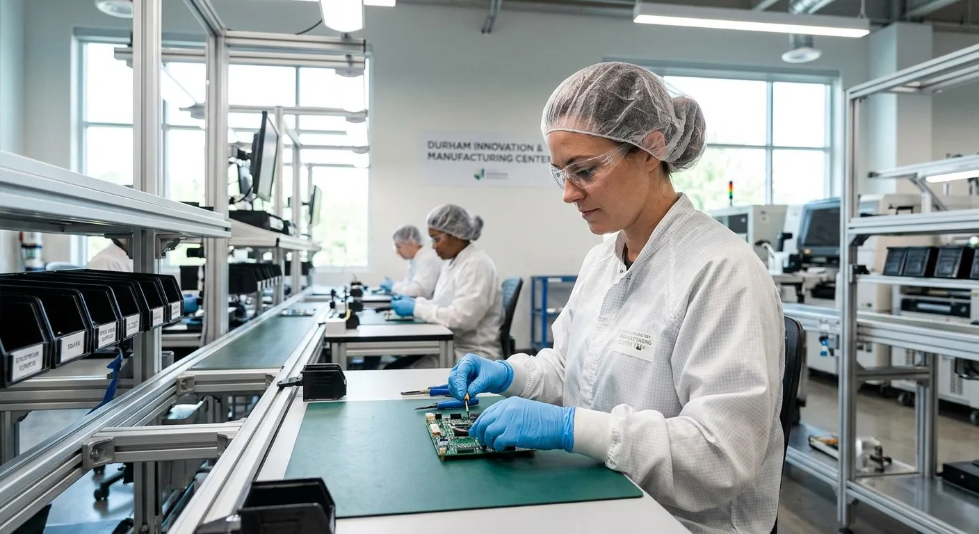 A professional photo of a focused production operative wearing PPE on a clean manufacturing line in... A professional photo of a focused production operative wearing PPE on a clean manufacturing line in Durham, natural light, modern industrial setting, trustworthy and active mood