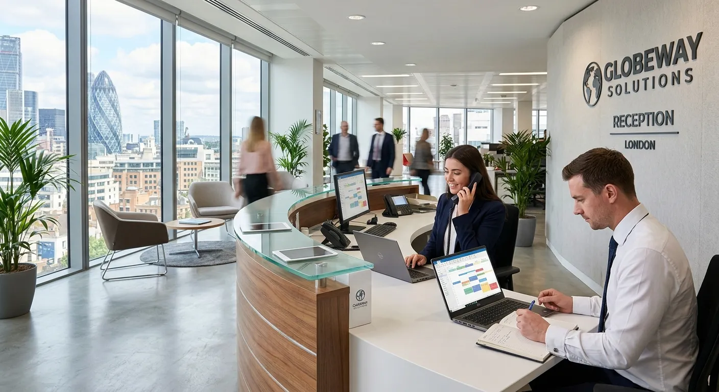 A bright modern London office reception area with professional administrative staff using laptops, p... A bright modern London office reception area with professional administrative staff using laptops, phones, and calendars, clean corporate style, natural light, confident and organised atmosphere, high-resolution commercial photography