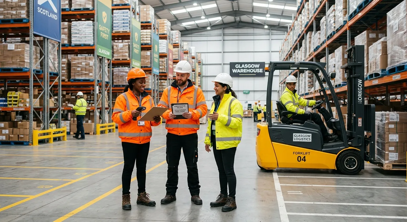 A professional, diverse team of forklift drivers and warehouse operatives in high-vis jackets, worki... A professional, diverse team of forklift drivers and warehouse operatives in high-vis jackets, working efficiently in a modern, well-organised Glasgow warehouse or logistics centre, conveying a sense of safety and teamwork.