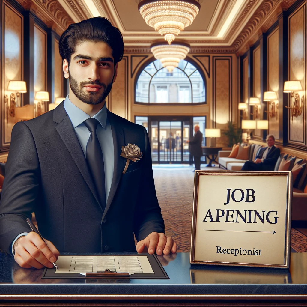 A professional hotel receptionist at a sleek, modern front desk, assisting a guest with a tablet.