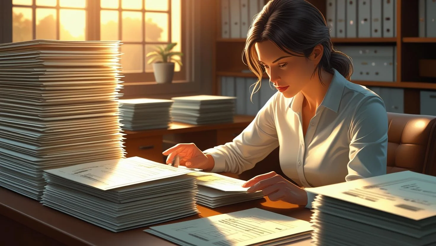 A smiling bookkeeper reviewing financial documents, showcasing job satisfaction.