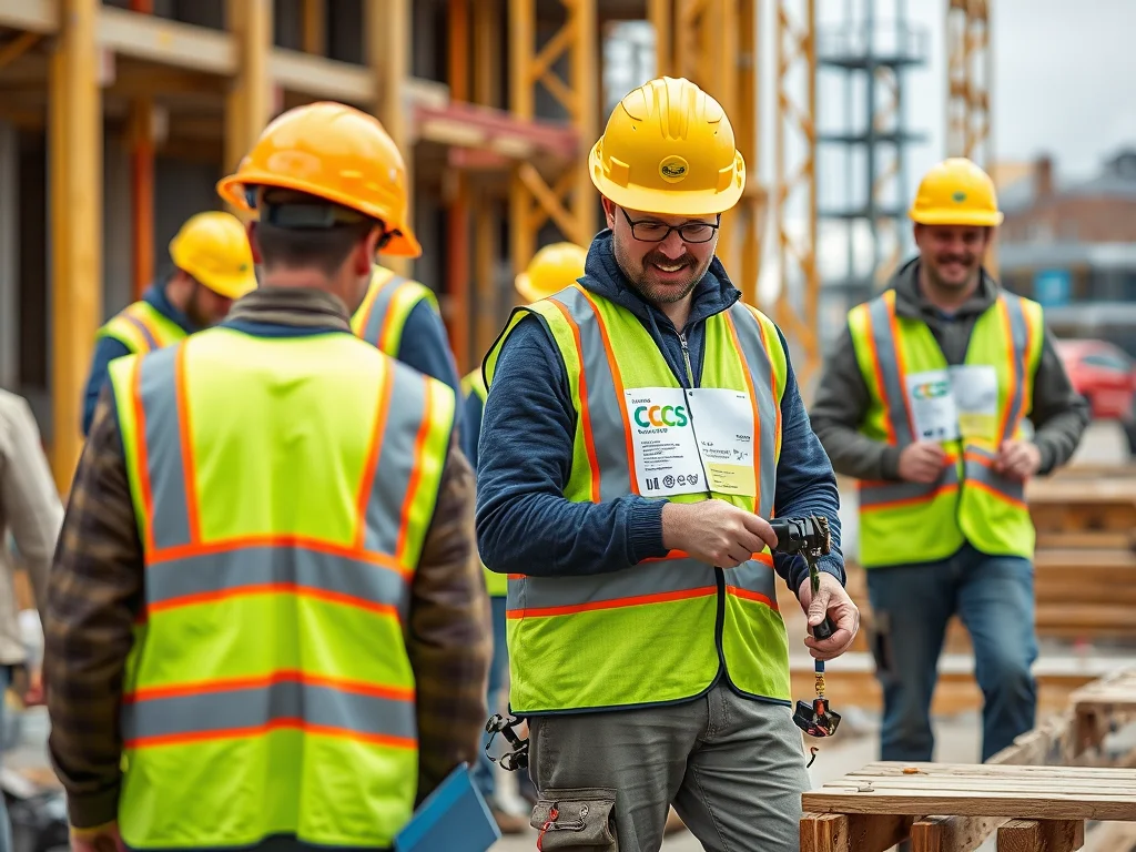 Construction labourers in Oxford wearing CSCS cards and safety gear, working on different specialized tasks on a busy construction site