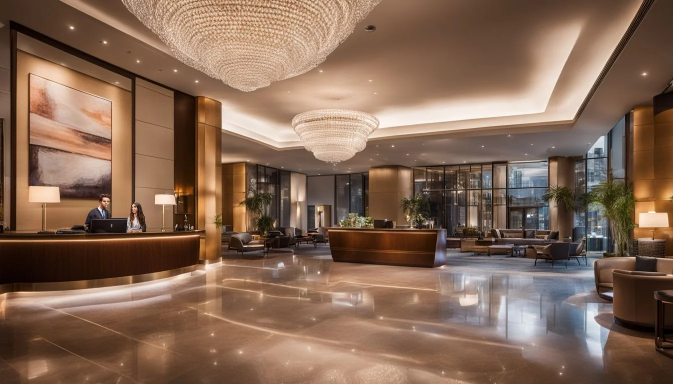 A hotel lobby with a professional and welcoming atmosphere. A hotel lobby with a professional and welcoming atmosphere.