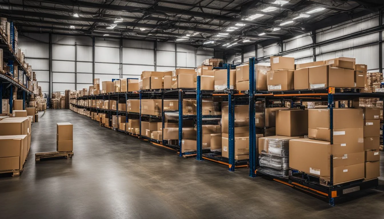 An organized warehouse with equipment and boxes in a bustling atmosphere.