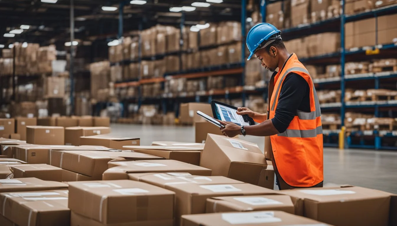 A warehouse worker scanning packages in a busy distribution centre.