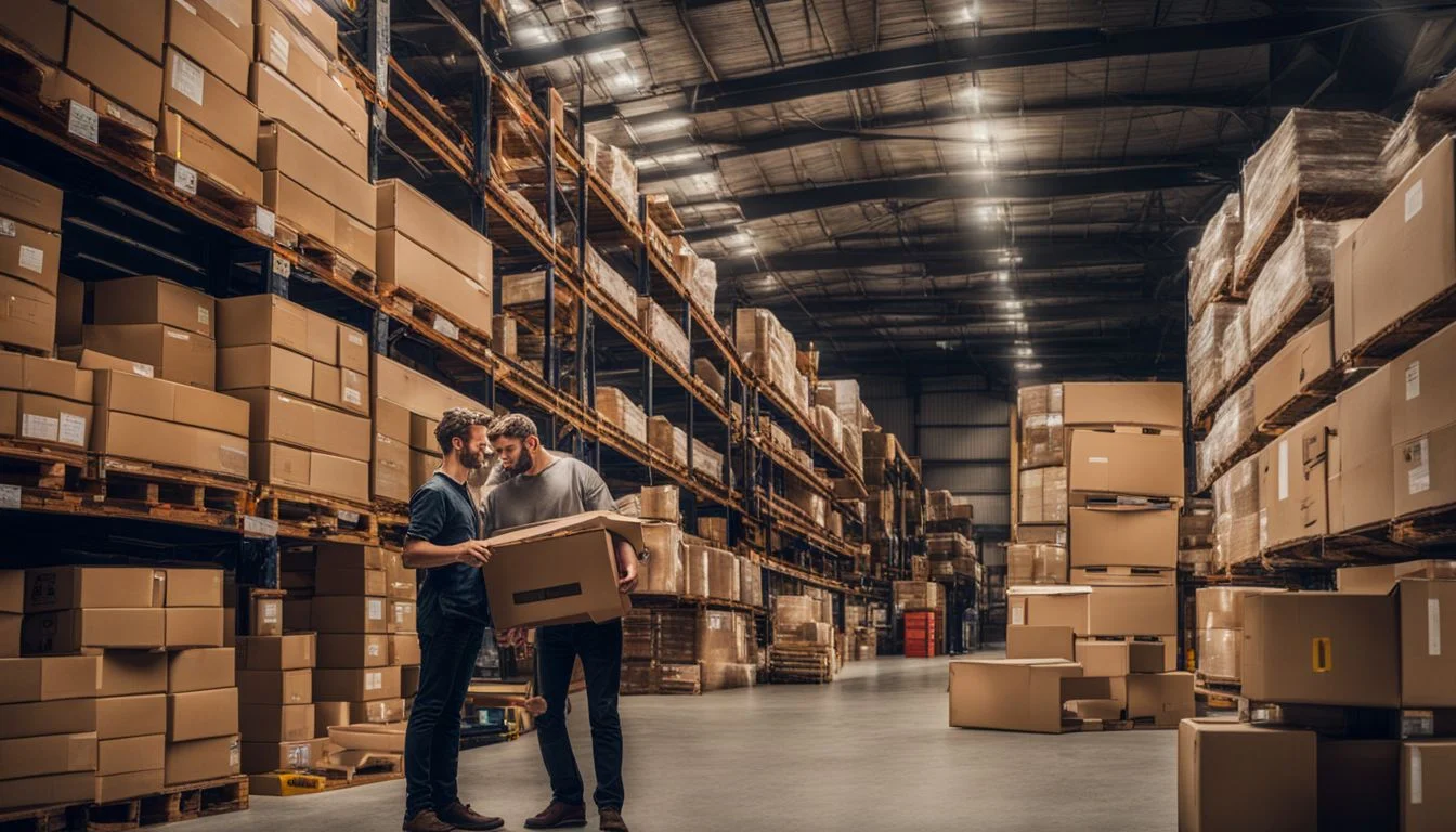 A busy warehouse with stacked boxes and pallets, capturing the bustling atmosphere.
