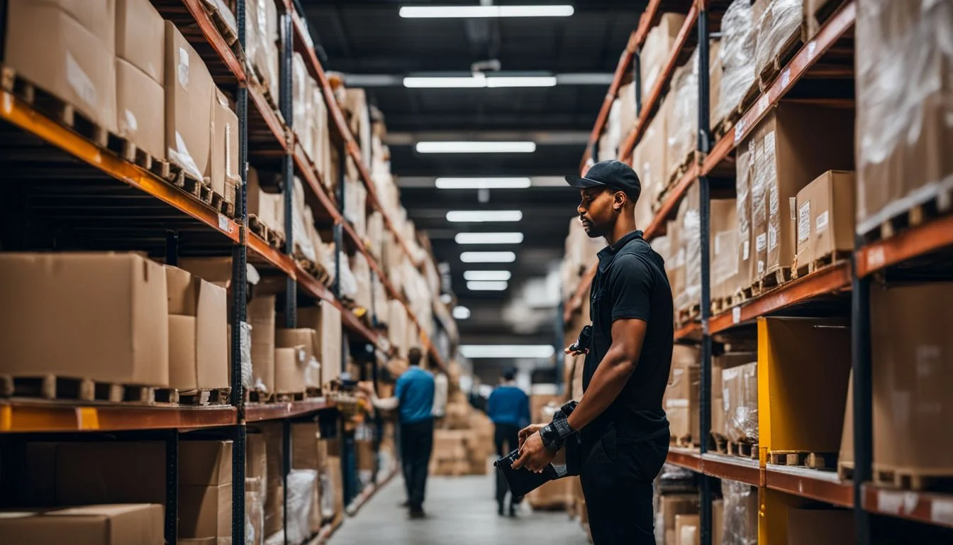 A warehouse worker organizing inventory in a busy warehouse.