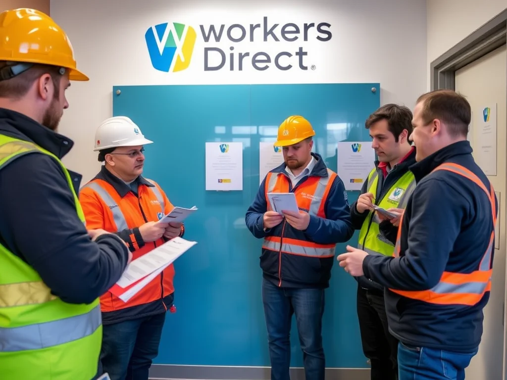 Professional construction recruitment office in Oxford with Workers Direct branding, showing staff members interviewing construction labourers and reviewing CSCS cards