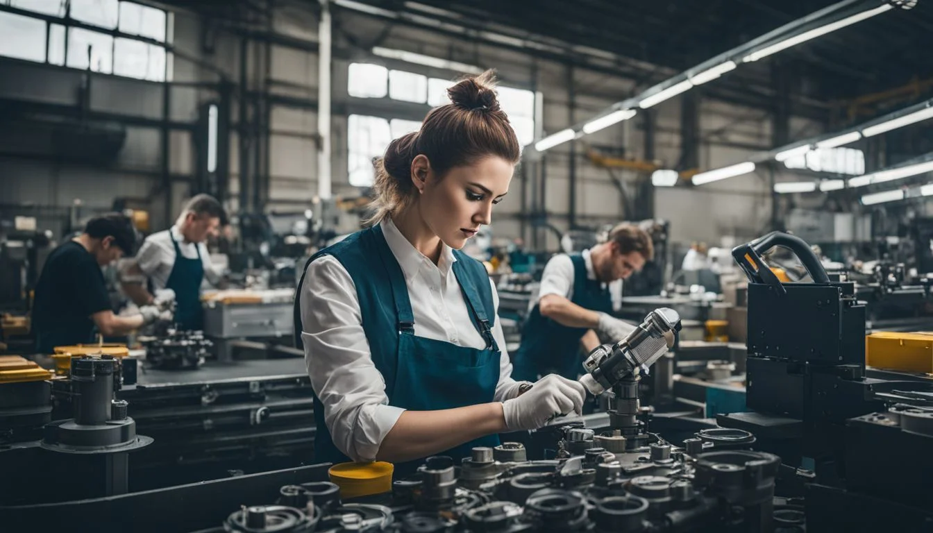 A production operative working efficiently on a bustling factory floor. A production operative working efficiently on a bustling factory floor.