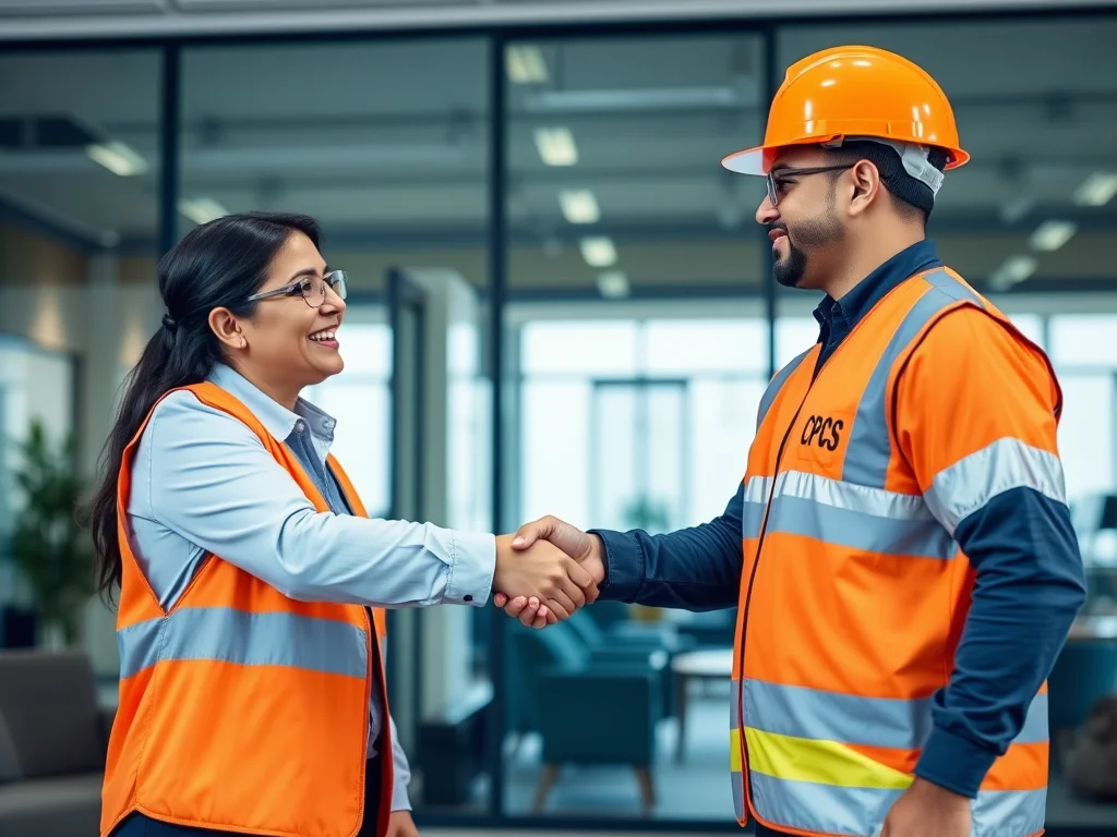 Professional handshake between a Team Workers Direct recruiter and a CPCS Traffic Marshall.