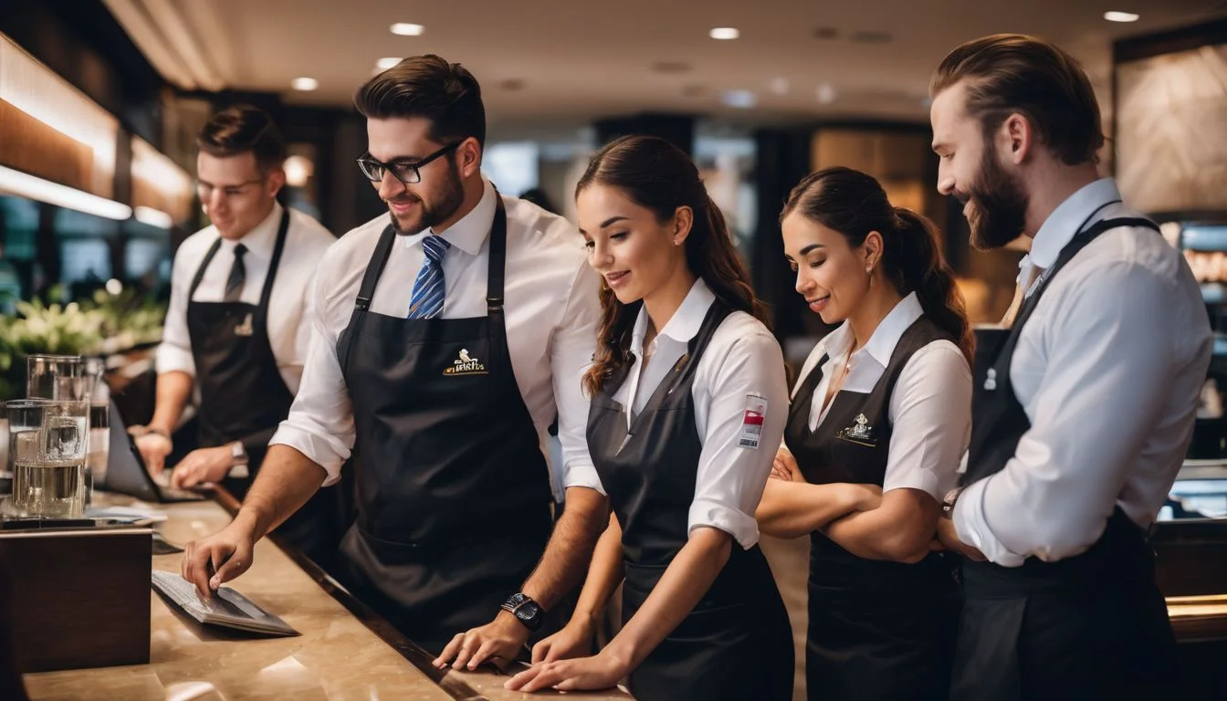 A diverse group of hotel staff members working together in a busy environment. A diverse group of hotel staff members working together in a busy environment.