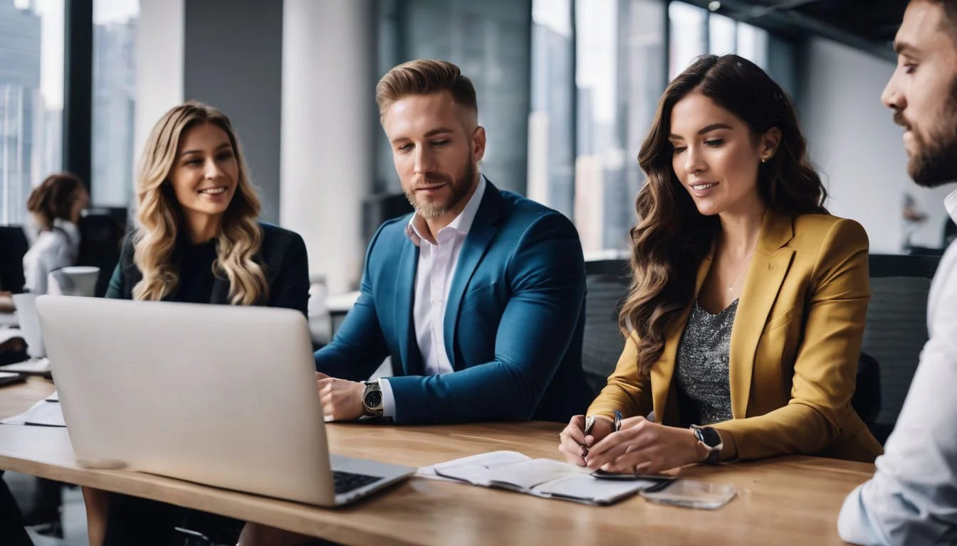 Diverse professionals collaborating in a modern office workspace.