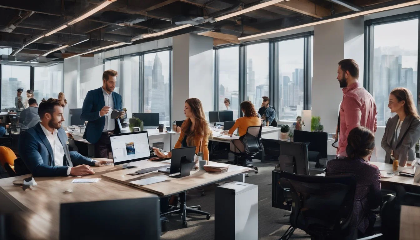 A diverse group of people working together in a modern office.